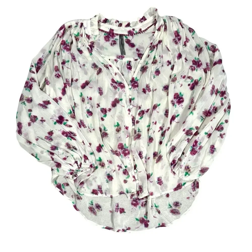Anthropologie The Estela Blouse M Sheer Floral Printed Boho V-Neck Top Peasant